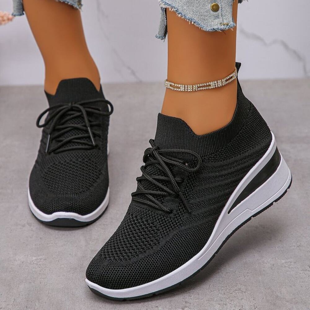 Black Lace Up Wedge Sneakers Womens Size 9 Platform Athletic Casual Shoes - Picture 2 of 4